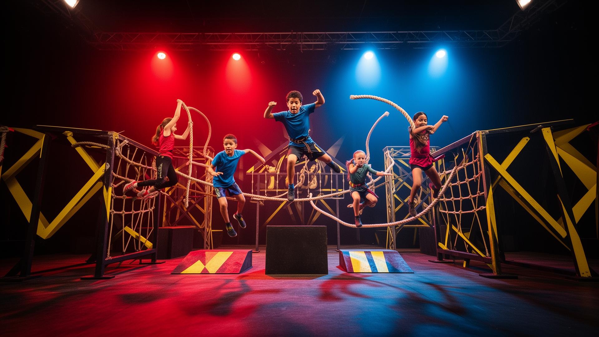 Kids training on a ninja warrior obstacle course
