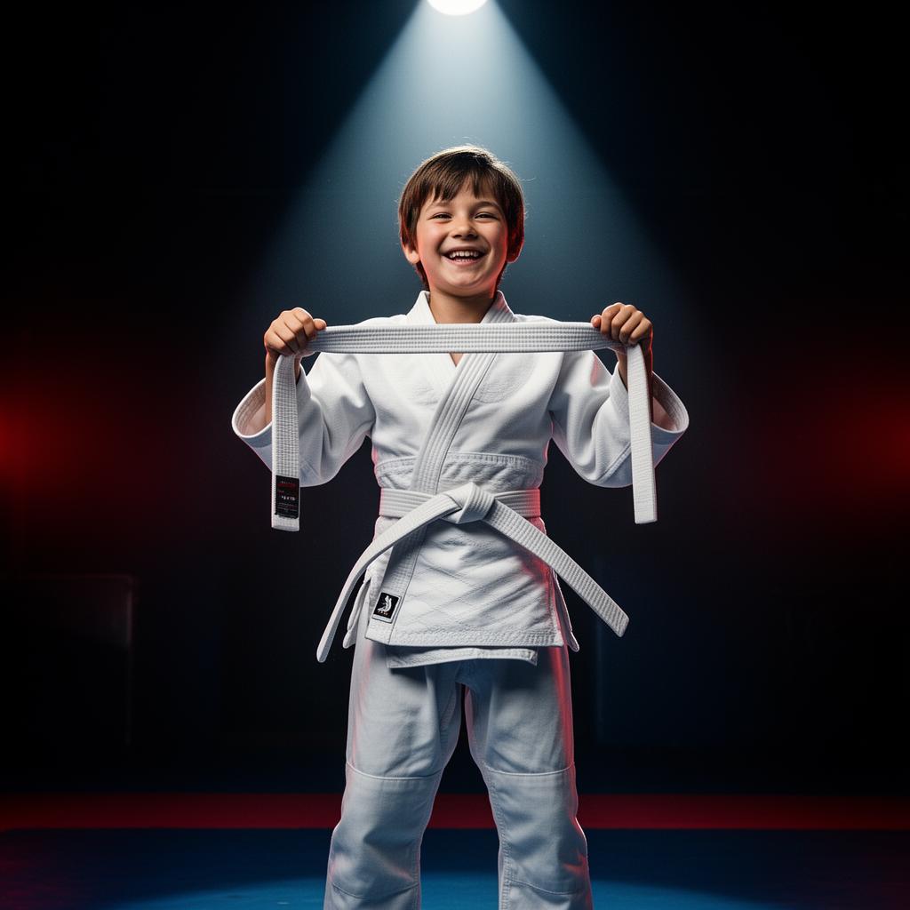 Young ninja proudly holding a white belt